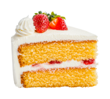 Fresh strawberry topped vanilla cake slice with whipped cream, cut out png