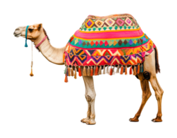 Exotic camel draped in vibrant multicolored textile with geometric patterns, cut out png
