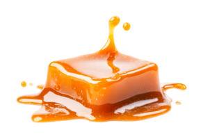 Sweet caramel splashing over cube with vibrant drops, cut out png