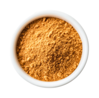Top view of ground cinnamon spice in a white bowl, cut out png