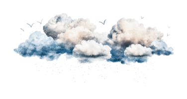 Fluffy clouds with flying birds and falling raindrops, cut out png