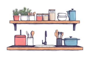 Organized kitchen shelves with jars spices utensils and cookware, cut out png