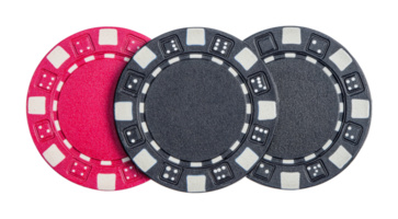 Trio of poker chips in red and gray with dice motif, cut out png