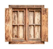 Rustic wooden window with shutters featuring weathered texture and natural design, cut out png