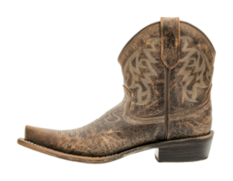 Worn distressed cowboy boot with intricate stitching and pointed toe, cut out png
