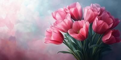 Beautiful bouquet of pink tulips in soft pastel colors against a serene background photo