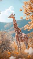 Giraffe standing gracefully in an orange-hued landscape under a clear blue sky during a sunny day photo
