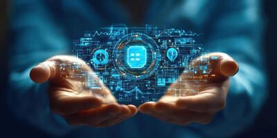 Hands holding glowing digital interface with data and technology symbols in a futuristic setting photo