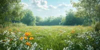 Expansive meadow filled with colorful wildflowers beneath a clear blue sky during daylight hours photo