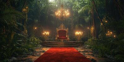 Majestic throne surrounded by lush greenery and chandeliers in a mystical jungle setting photo