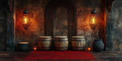 Cozy interior with ornate lanterns and wooden barrels in a warm setting photo