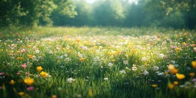 Colorful wildflower meadow in springtime with sunlight filtering through trees photo