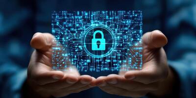 Digital security concept displayed through hands holding a glowing lock symbol in a technology-themed environment photo