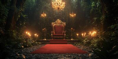 Luxurious throne surrounded by lush jungle and soft candlelight creates an enchanting atmosphere in a mystical setting photo