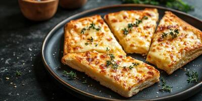 Homemade cheesy garlic bread with thyme served on a rustic plate in a cozy kitchen setting photo