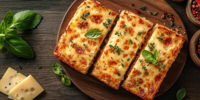 Delicious homemade lasagna with herbs and spices served on a wooden platter at a cozy kitchen setting photo