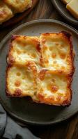Deliciously baked cheesy dish served on a rustic plate with golden crispy edges and a creamy center in warm lighting photo
