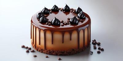 Decadent chocolate cake topped with glossy ganache and dark chocolate truffles on a smooth surface photo