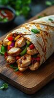 Deliciously wrapped chicken fajita with colorful vegetables served on a wooden board in a cozy restaurant setting photo