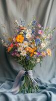 Bright and colorful wildflower bouquet arranged with care on a soft blue backdrop indoors in daylight photo