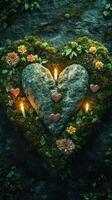 Heart-shaped stone surrounded by flowers and candles creates a romantic garden setting at twilight photo