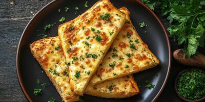 Delicious cheesy garlic bread served on a black plate, garnished with fresh parsley for a flavorful touch at mealtime photo