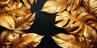Golden tropical leaves arranged artfully against a dark background create an elegant and luxurious atmosphere photo