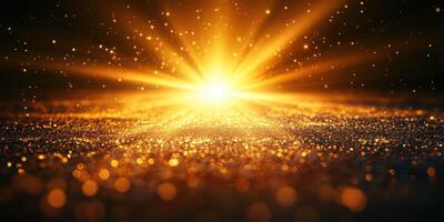 Golden rays of light burst through darkness, creating a shimmering effect on a textured surface photo