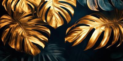 Golden monstera leaves create an elegant tropical backdrop featuring intricate textures in deep contrasting colors photo