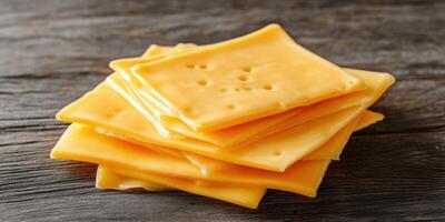 Stack of slices of yellow cheddar cheese on a wooden surface ready for snacking or cooking photo