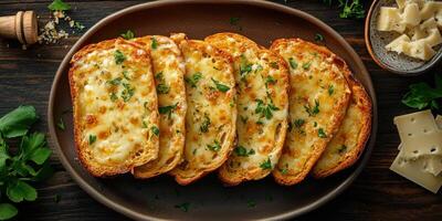 Savory cheese toast topped with herbs served on a rustic wooden table photo