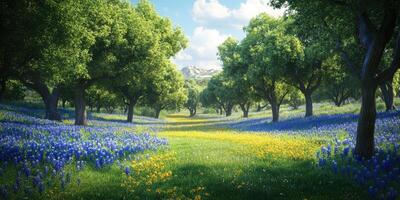 Vibrant spring landscape with bluebonnets and wildflowers under a bright sky in a lush green grove photo