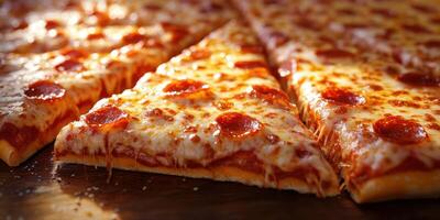 Delicious slices of pepperoni pizza arranged on a wooden table ready to be served at a gathering photo