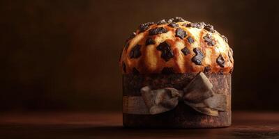 Delicious chocolate chip muffin displayed on dark wooden surface with moody lighting photo