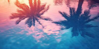 Colorful reflections of palm trees in a tranquil pool at sunset showing vibrant sky hues photo