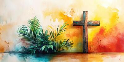 Vibrant cross artwork with tropical leaves and a colorful background in a spiritual setting photo