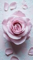 Beautiful pink rose with dew drops resting on a soft background and delicate petals scattered around photo