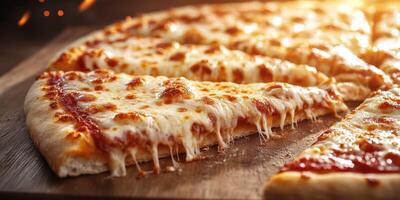 Freshly baked cheese pizza served on a wooden board in a warm kitchen setting photo