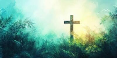 Cross stands amidst lush greenery during a tranquil sunrise in a serene landscape photo
