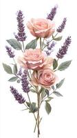 Soft pink roses and lavender flowers arranged artistically on a light background for a serene floral display photo