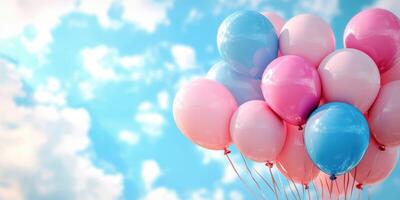 Colorful balloons float against a clear blue sky during a sunny day, creating a festive atmosphere photo