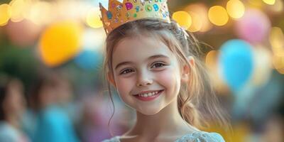 Joyful girl wearing a crown at a colorful outdoor celebration surrounded by balloons and lights in the evening photo