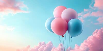 Colorful balloons floating against a pastel sky at sunset with fluffy clouds in the background photo