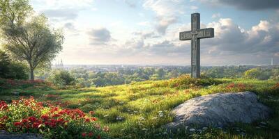 Beautiful landscape featuring a carved cross on a grassy hill with blossoming flowers during a sunny day photo