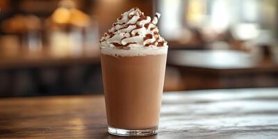 Creamy coffee beverage with whipped topping sits on wooden table in cozy cafe during afternoon photo