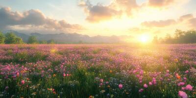 Vibrant wildflower field blooming under a golden sunrise in the mountains photo
