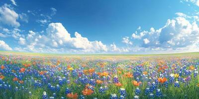 Vibrant field of wildflowers under a clear blue sky in springtime photo
