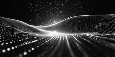 Abstract representation of a dynamic landscape created through waves of light and dark particles in a mesmerizing design photo