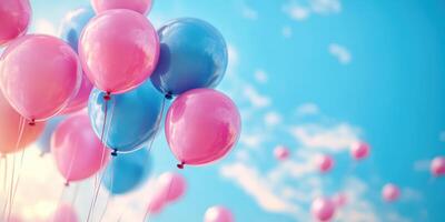 Colorful balloons floating against a clear blue sky during a summer afternoon celebration with a cheerful atmosphere photo