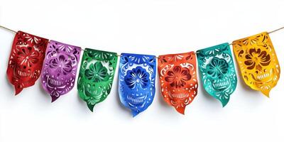 Colorful papel picado banners celebrating a festive occasion with intricate skull designs hanging against a white background photo
